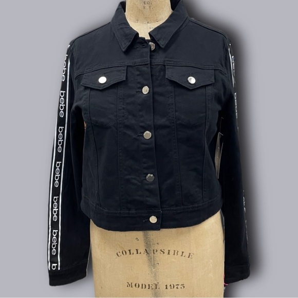 bebe Jackets & Blazers - Bebe Black Denim Jacket with Logo Striped Sleeves - size Large